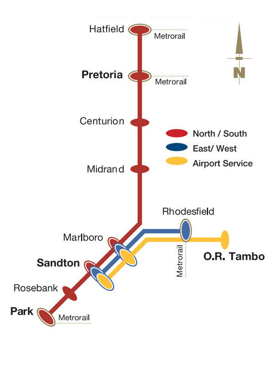 Mapa das linhas do Gautrain - Joanesburgo e Pretória, África do Sul